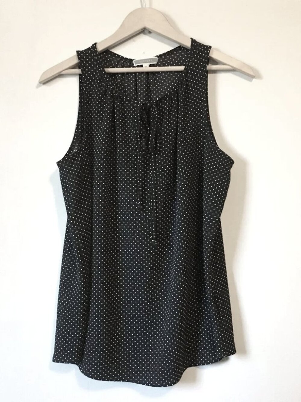 NORDSTROM Pleione B&W Micro Polka Dot Ruched Tie Neck Top S Retro Chic